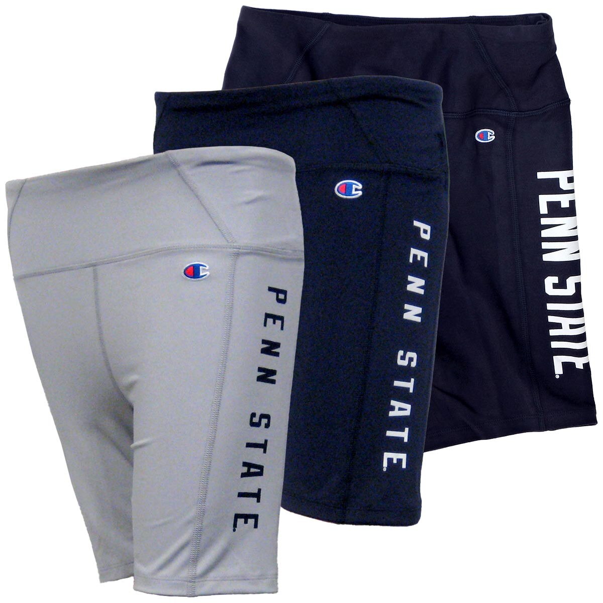 women's gray, navy, and navy blue biker shorts with Penn State down left leg